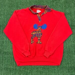 Vintage 90s Embroidered Plaid Cartoon Moose Graphic Polo Crewneck